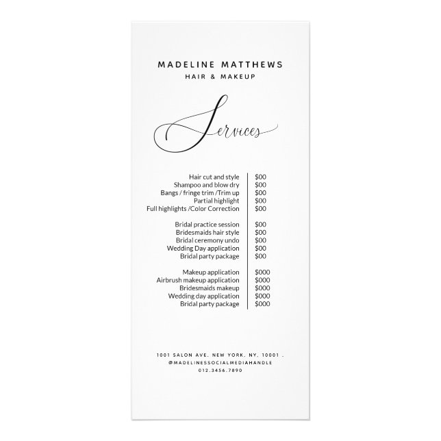Eleganter Calligraphy Hair Salon Preis List Servic Werbekarte (Vorne)