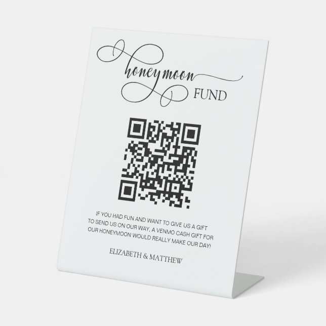 Eleganter Calligraphy Script Honeymoon Fund QR Cod Sockelschild (Vorderseite)