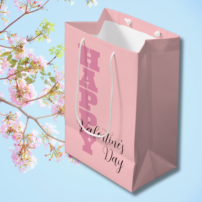 Eleganter Candy Pink und Black Happy Valentines Da Mittlere Geschenktüte (Von Creator hochgeladen)