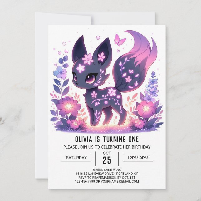 Eleganter Cartoon Fox 1. Geburtstag Einladung (Vorderseite)