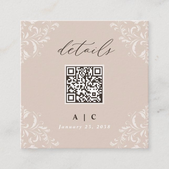 Eleganter Champagne Tan QR Code Wedding Details Begleitkarte (Vorderseite)