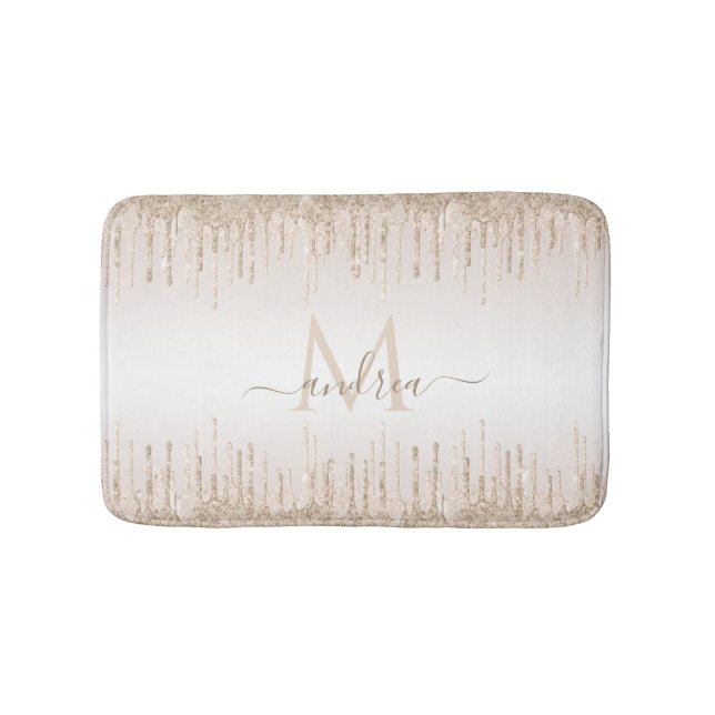 Eleganter Champagner-Glitzer Dripping Monogram & N Badematte (Vorderseite)