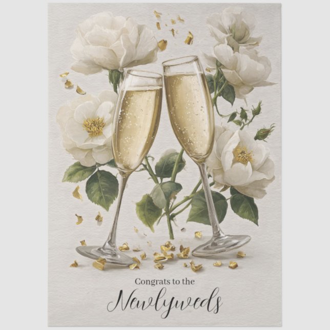 Eleganter Champagner Toast mit weißen Rosen Seidenpapier (Vorderseite)