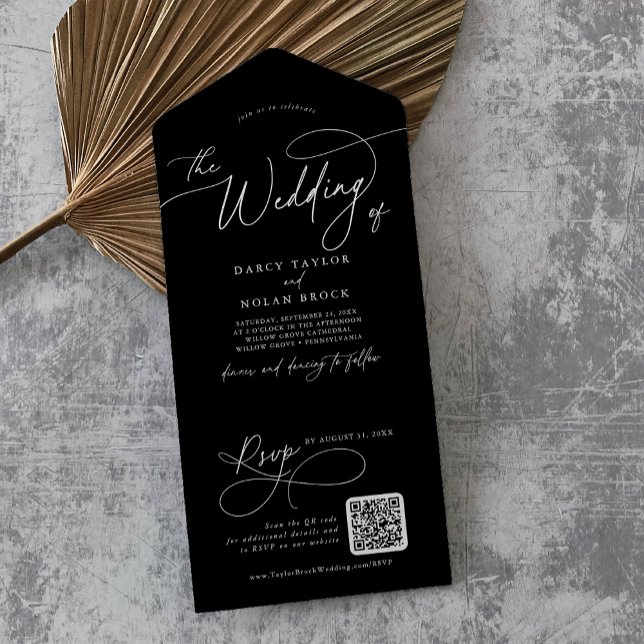 Eleganter Charm QR Code Black Wedding All In One Einladung (Elegant Charm QR Code Black Wedding All In One Invitation)