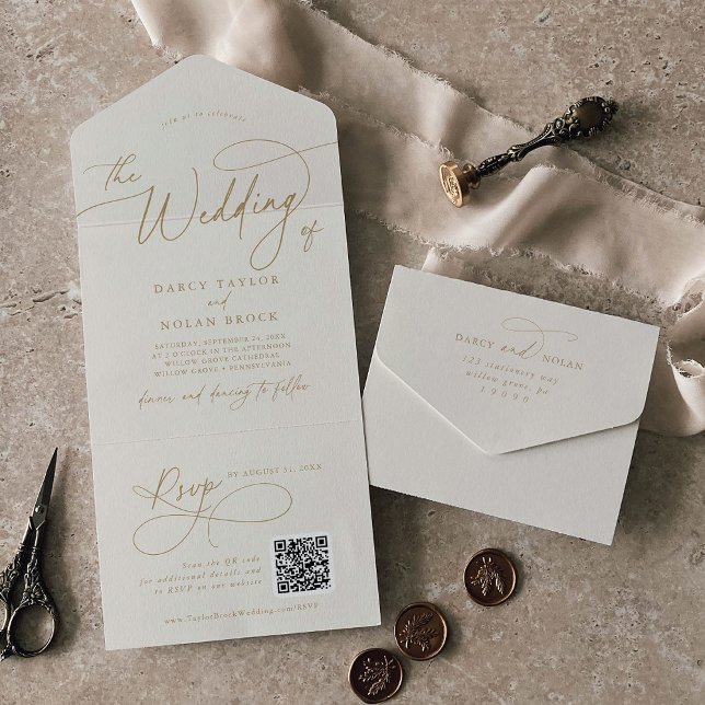 Eleganter Charm QR Code Elfenbein und Goldhochzeit All In One Einladung (Elegant Charm QR Code Ivory and Gold Wedding All In One Invitation)