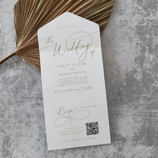 Eleganter Charm QR Code Gold Wedding All In One Einladung (Elegant Charm QR Code Gold Wedding All In One Invitation)