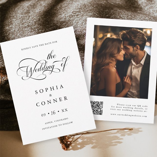 Eleganter Charm Script Wedding Foto QR Code Save The Date (Front & Back)