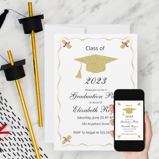 Eleganter Chic Abschluss Glitzer Cap and Diploma Einladung (Von Creator hochgeladen)