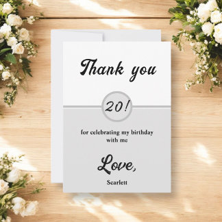 Eleganter Chic Black and White Gray 20. Geburtstag Dankeskarte