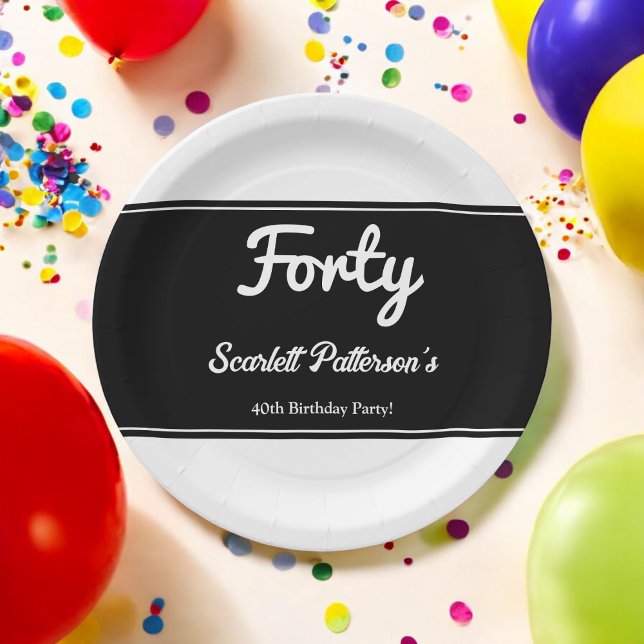 Eleganter Chic Black and White Modern 40. Geburtst Pappteller (Von Creator hochgeladen)