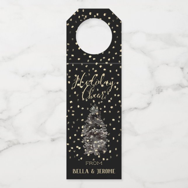 Eleganter Chic Black & Gold Snow Holiday Cheer Flaschenanhänger (Vorderseite)