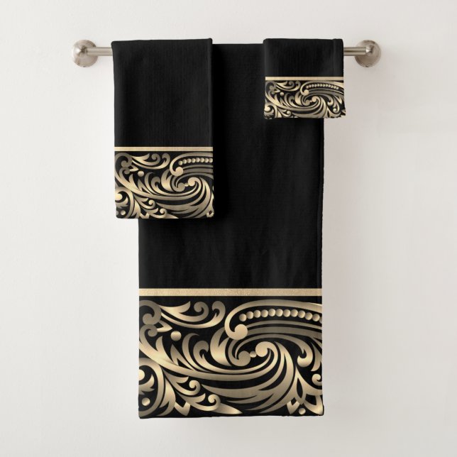 Eleganter Chic Black Gold Wirbel Badhandtuch Set (Insitu)