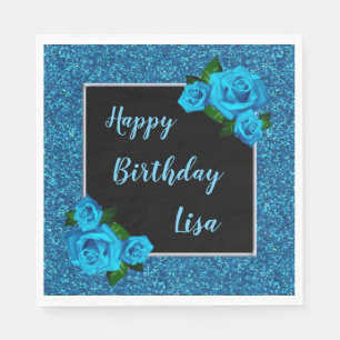 Eleganter Chic Blue Glitzer Blaue Rose Geburtstag Serviette