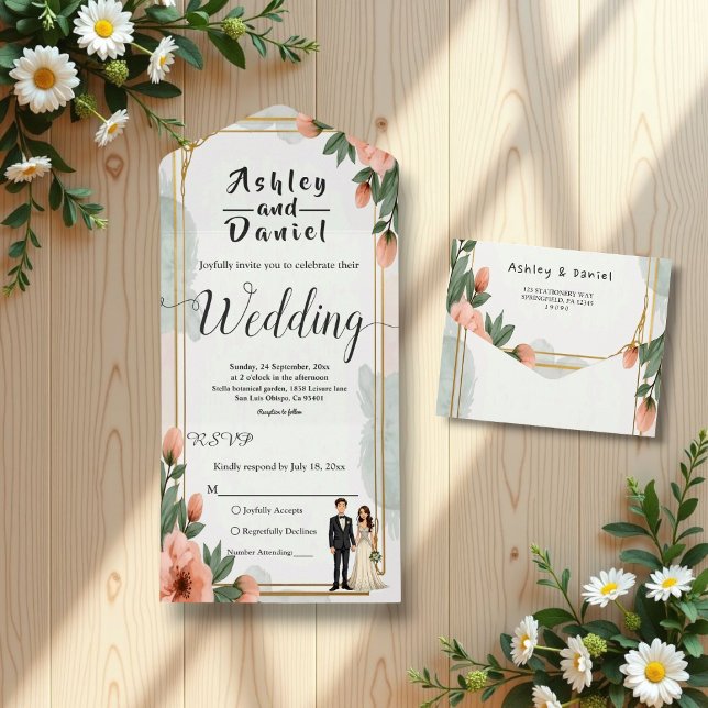 Eleganter Chic Blumen Bridge and Groom Wedding All In One Einladung (Von Creator hochgeladen)