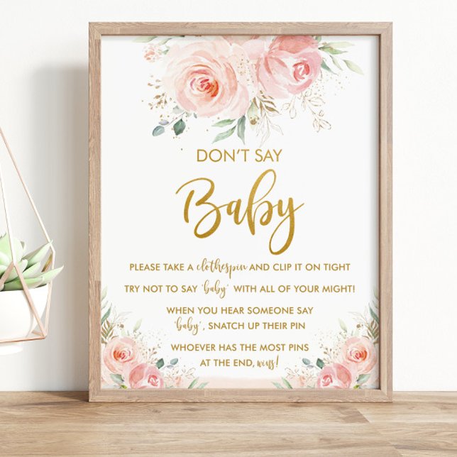 Eleganter Chic Blush Pink Blues Blues Don't Say Ba Poster (elegant sweet blush pink floral don't say baby game tabletop sign poster printed instant download
)