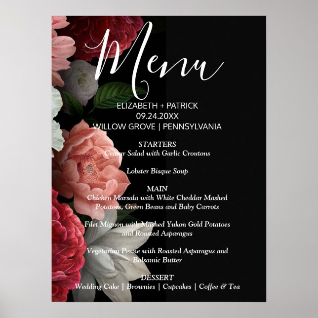 Eleganter Chic borundy floralMenu-Zeichen Poster (Vorne)