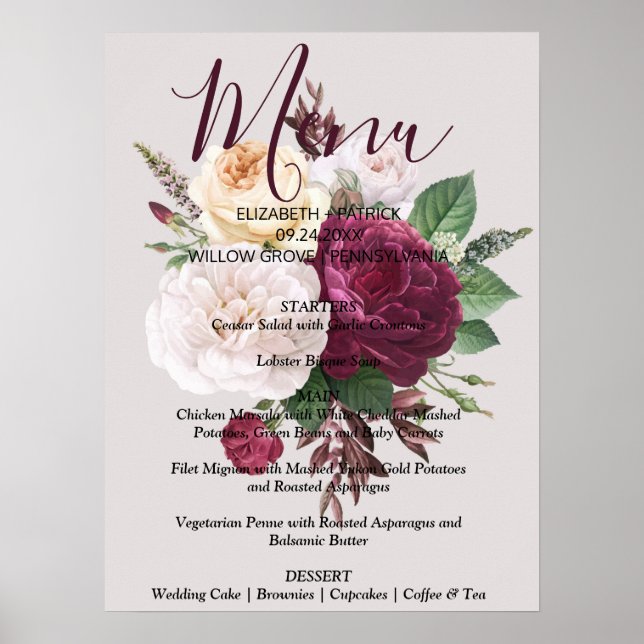 Eleganter Chic borundy floralMenu-Zeichen Poster (Vorne)