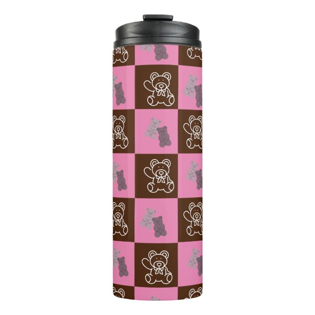Eleganter Chic Brown Kariert & Bär Thermosbecher (Vorderseite)