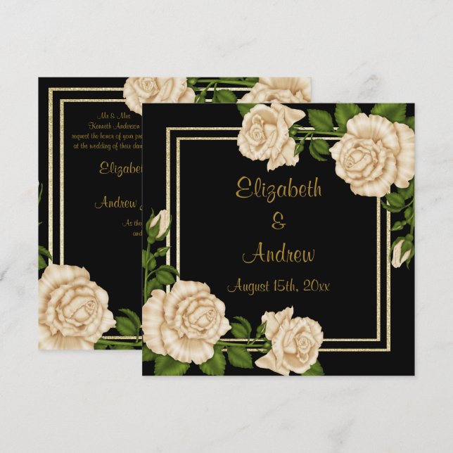 Eleganter Chic Corner Ivory Rose Bouquets Wedding Einladung (Vorne/Hinten)