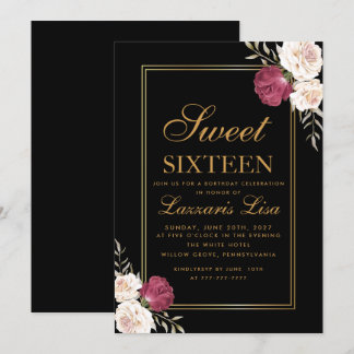 Eleganter Chic Floral 16 . Geburtstag Black Birthd Einladung
