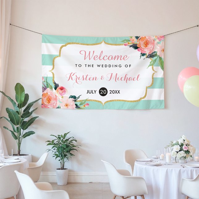 Eleganter Chic floral Mint Grüne Streifen Hochzeit Banner (Von Creator hochgeladen)