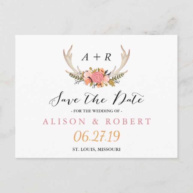 Eleganter Chic Floral White Antler Save the Date Ankündigungspostkarte (Vorderseite)