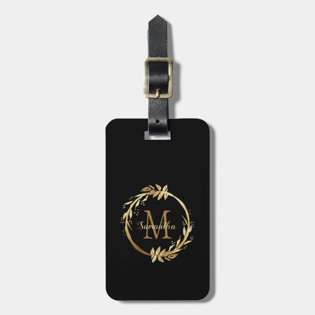 Eleganter Chic Gold Black Monogram Name Gepäckanhänger (Vorderseite vertikal)