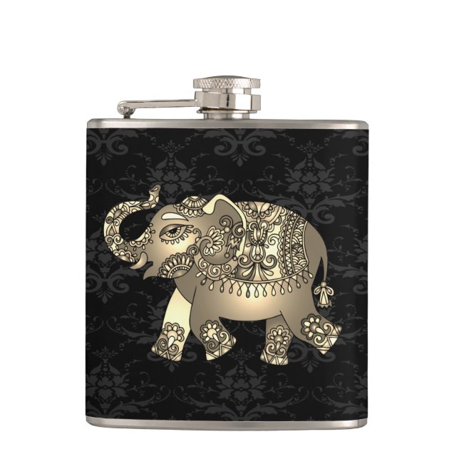 Eleganter Chic Gold Elephant Floral, Black Damask Flachmann (Vorderseite)