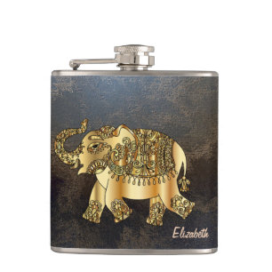 Eleganter Chic Gold Elephant Floral, Leder Look Flachmann