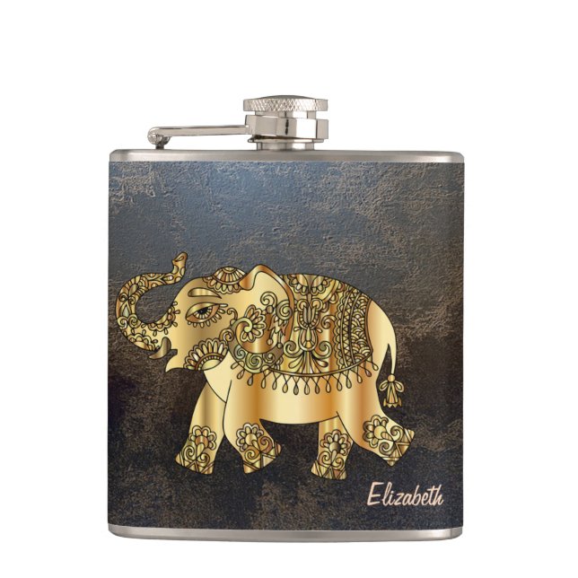 Eleganter Chic Gold Elephant Floral, Leder Look Flachmann (Vorderseite)