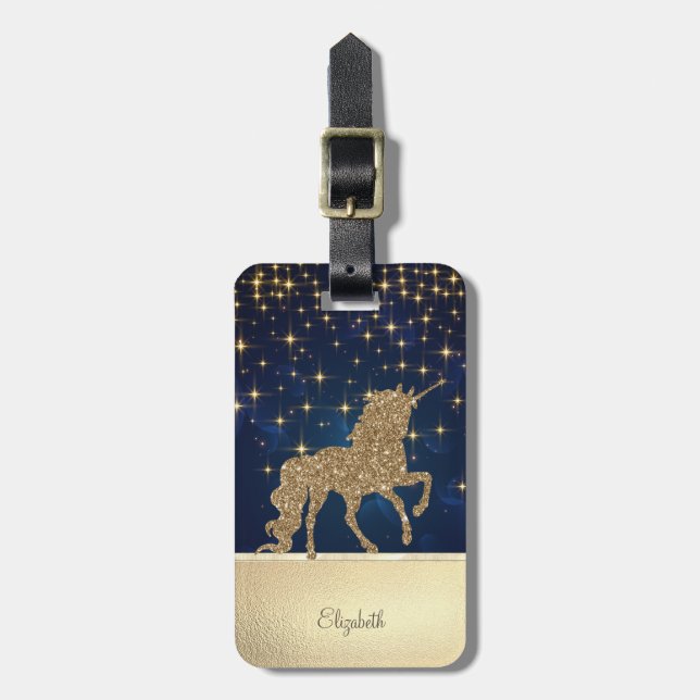 Eleganter Chic Gold Glitzer Unicorn Stars Navy Blu Gepäckanhänger (Vorderseite vertikal)