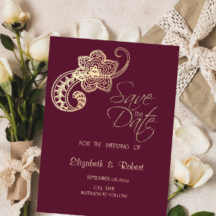 Eleganter Chic Gold Paisley Burgunder Save The Date