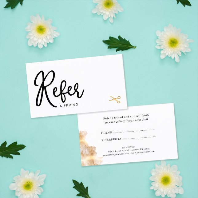 Eleganter Chic Gold Scissors Hair Stylist-Kunde Empfehlungskarte (Front and Back)