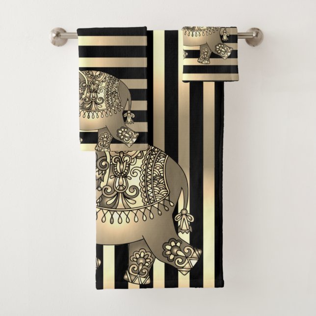 Eleganter Chic Gold Stripes Elephant Badhandtuch Set (Insitu)