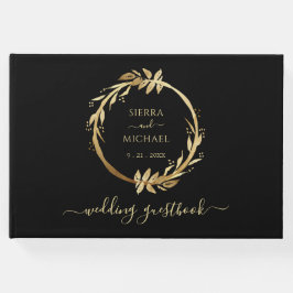 Eleganter Chic Golden Foliage Wreath Black Wedding Gästebuch