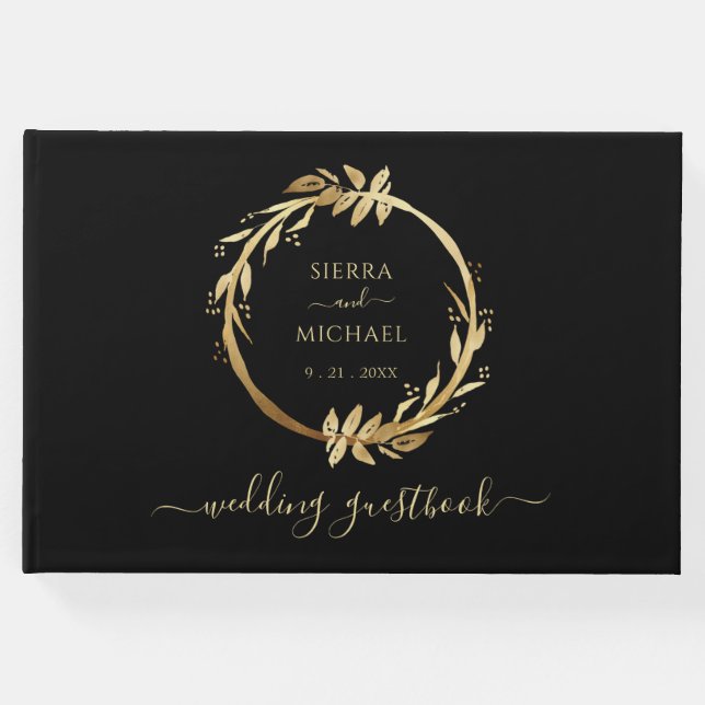 Eleganter Chic Golden Foliage Wreath Black Wedding Gästebuch (Vorderseite)