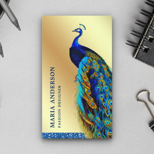 Eleganter Chic Goldfolie Blau Indischer Pfau Visitenkarte