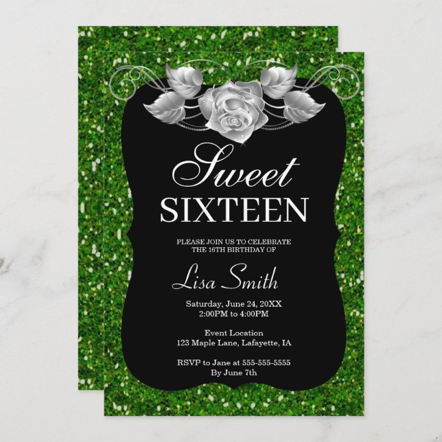 Eleganter Chic Green Glitzer Silver Rose Sweet 16 Einladung (Vorne/Hinten)