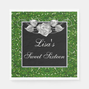 Eleganter Chic Green Glitzer Silver Rose Sweet 16 Serviette