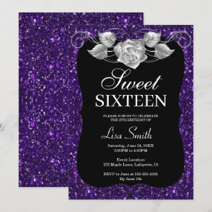 Eleganter Chic Lila Glitzer Silver Rose Sweet 16 Einladung