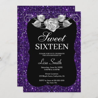 Eleganter Chic Lila Glitzer Silver Rose Sweet 16 Einladung
