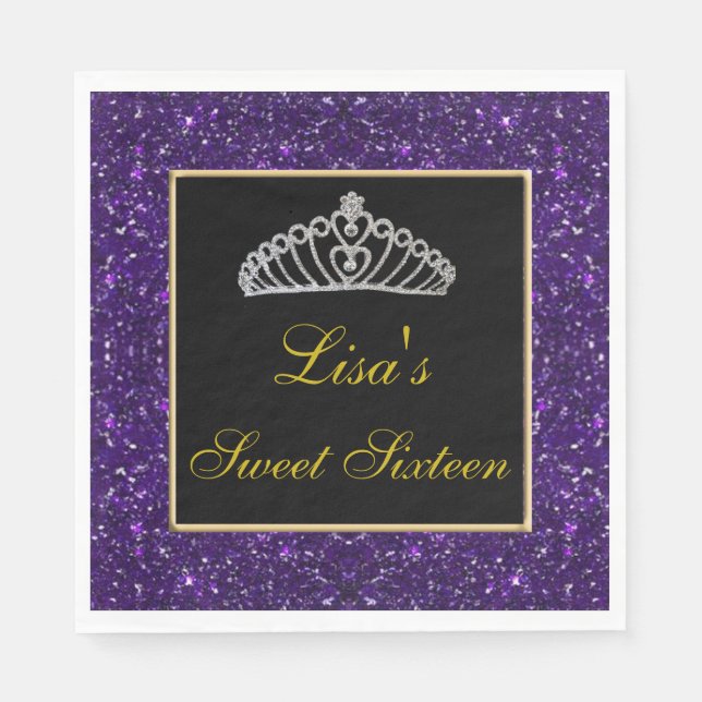 Eleganter Chic Lila Glitzer Tiara Sweet 16 Serviette (Vorderseite)