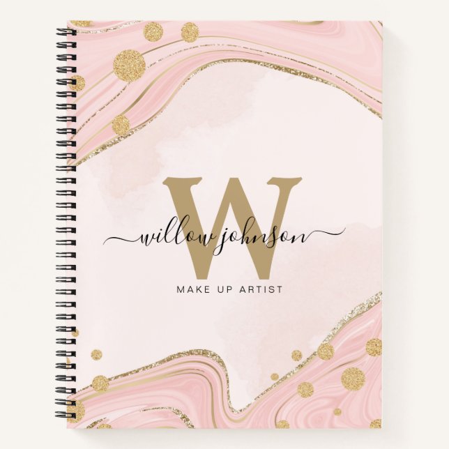 Eleganter Chic Monogram Pink Gold Glitzer Marmor Notizbuch (Vorderseite)
