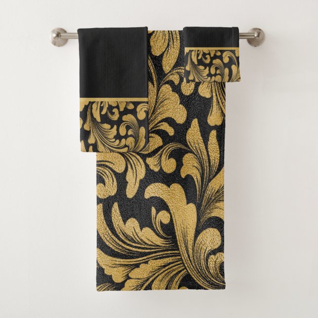 Eleganter Chic Old Gold Wirbel Black Badhandtuch Set (Insitu)