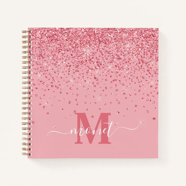 Eleganter Chic Pink Glitzer Glam Monogram Name Notizbuch (Vorderseite)