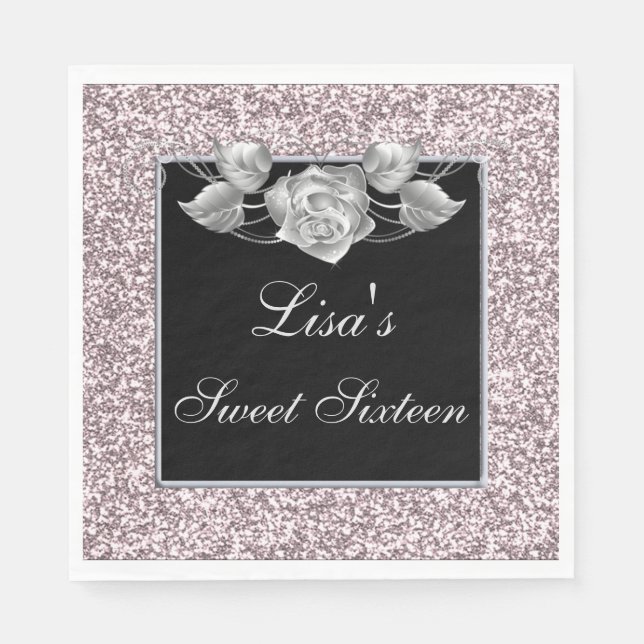 Eleganter Chic Pink Glitzer Silver Rose Sweet 16 Serviette (Vorderseite)
