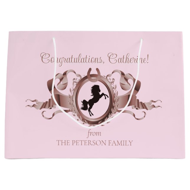 Eleganter Chic Pink Reittier Ribbon Wappen Name Große Geschenktüte (Vorderseite)