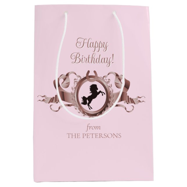 Eleganter Chic Pink Reittier Ribbon Wappen Name Mittlere Geschenktüte (Vorderseite)