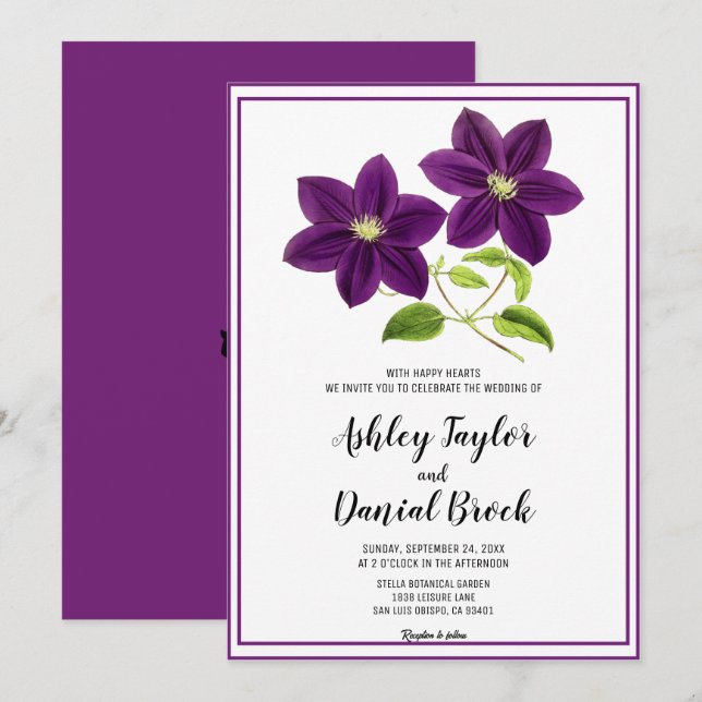 Eleganter Chic Purple Flowers Rustic Floral Weddin Einladung (Vorne/Hinten)
