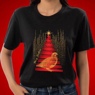 Eleganter Chic Red Christmas Tree & Gold Partridge T-Shirt